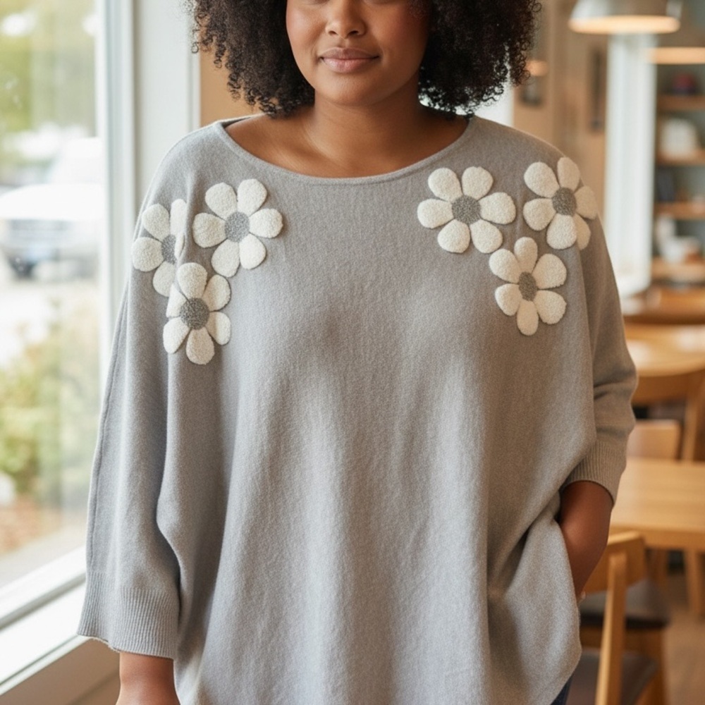 Plus Size 1X Gray Knit Sweater Floral Appliqué Dolman Sleeve Soft Boho - Picture 2 of 6